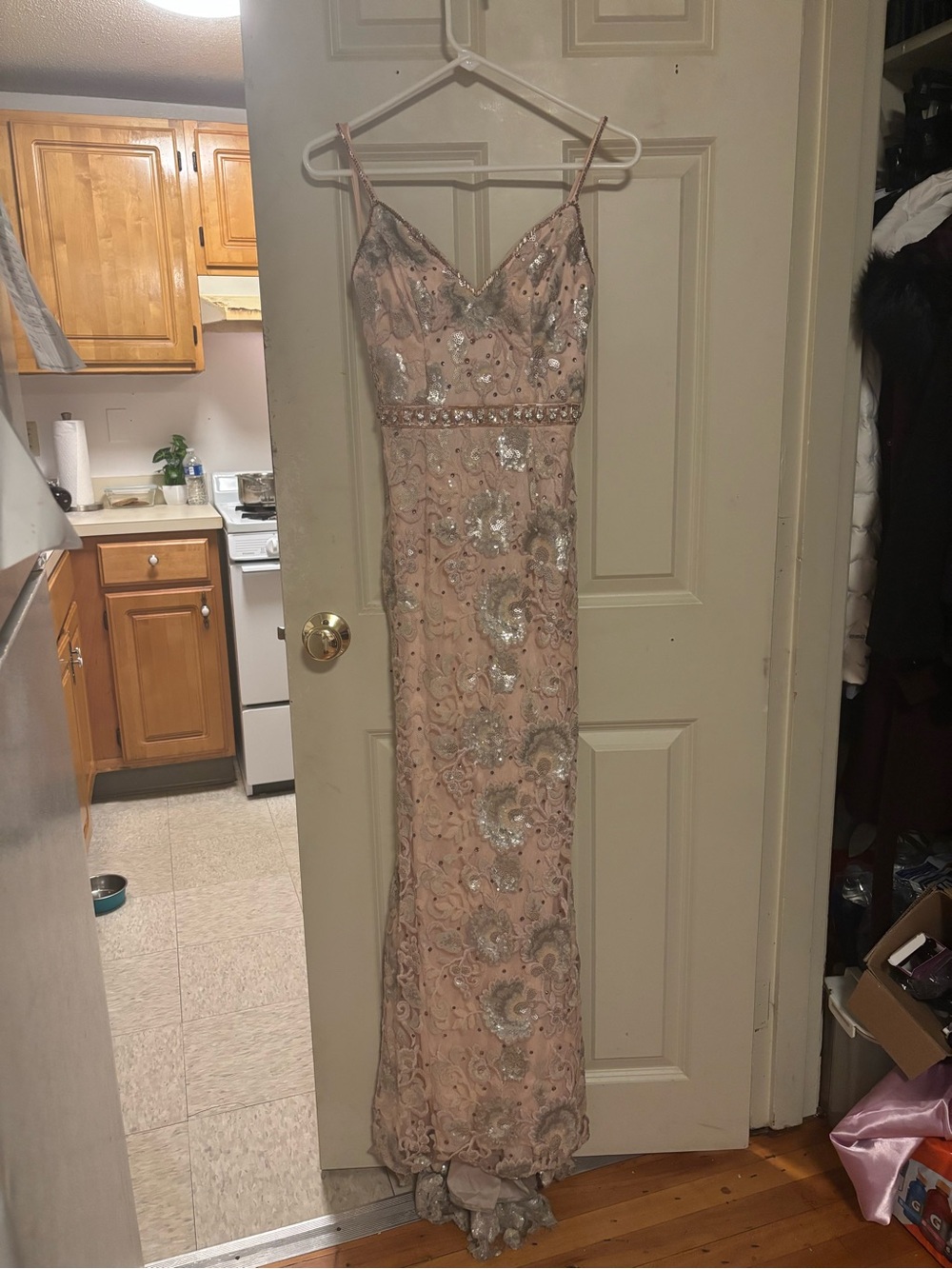 Spaghetti Strap Pink Sequined Prom Dress